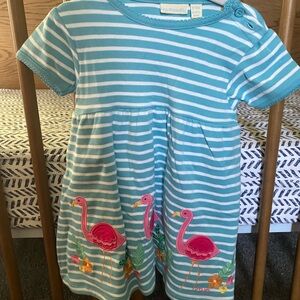 JoJo Maman Bebe Teal Striped Dress with Pink Flamingos